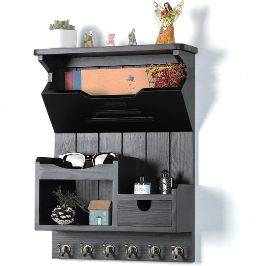 DOPACE Handcrafted Pine Wood Mail Organizer & Key Holder, Black | Hand-polished natural pine wood with storage drawer & 6 hooks, Fine spray paint finish, Easy wall mount