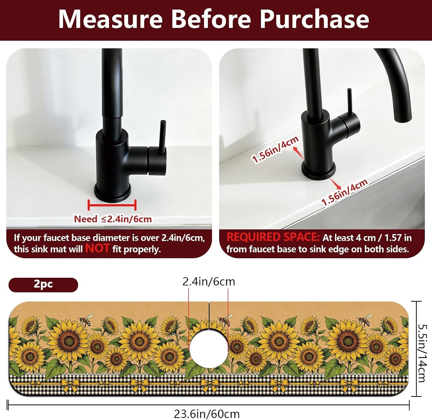 2Pcs Peonies Kitchen Sink Splash Guard Faucet Mat Vintage Florals Faucet Mat For Bathroom Kitchen 5.5x23.6In