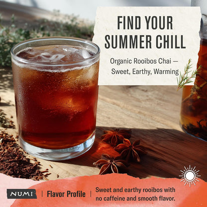 Numi Organic Rooibos Chai Tea, 18 Herbal Bags, Microplastic Free, Rich Flavor with Cinnamon, Allspice & Ginger, Caffeine Free