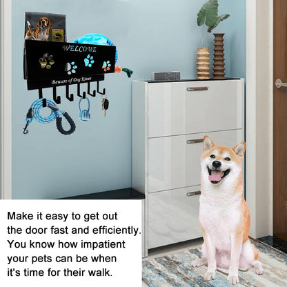 Dog Leash Holder for Wall, Storage and Mail Organizer, Key Holder Wall Mount With 6 Hooks - Leash, Stuff, Key, Letter, Sunglasses Organizer for Entryway, Farmhouse