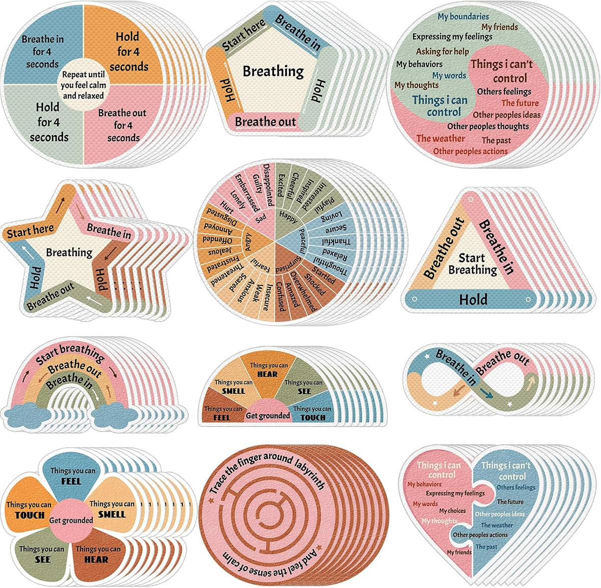 144 Pcs Breath Calm Anxiety Sensory Stickers Reusable Tactile Textured Mindfulness Sticker Fidget Silent Adhesive Sensory Strips for Christmas School Office Adult Teen Tension Student Classroom Supply