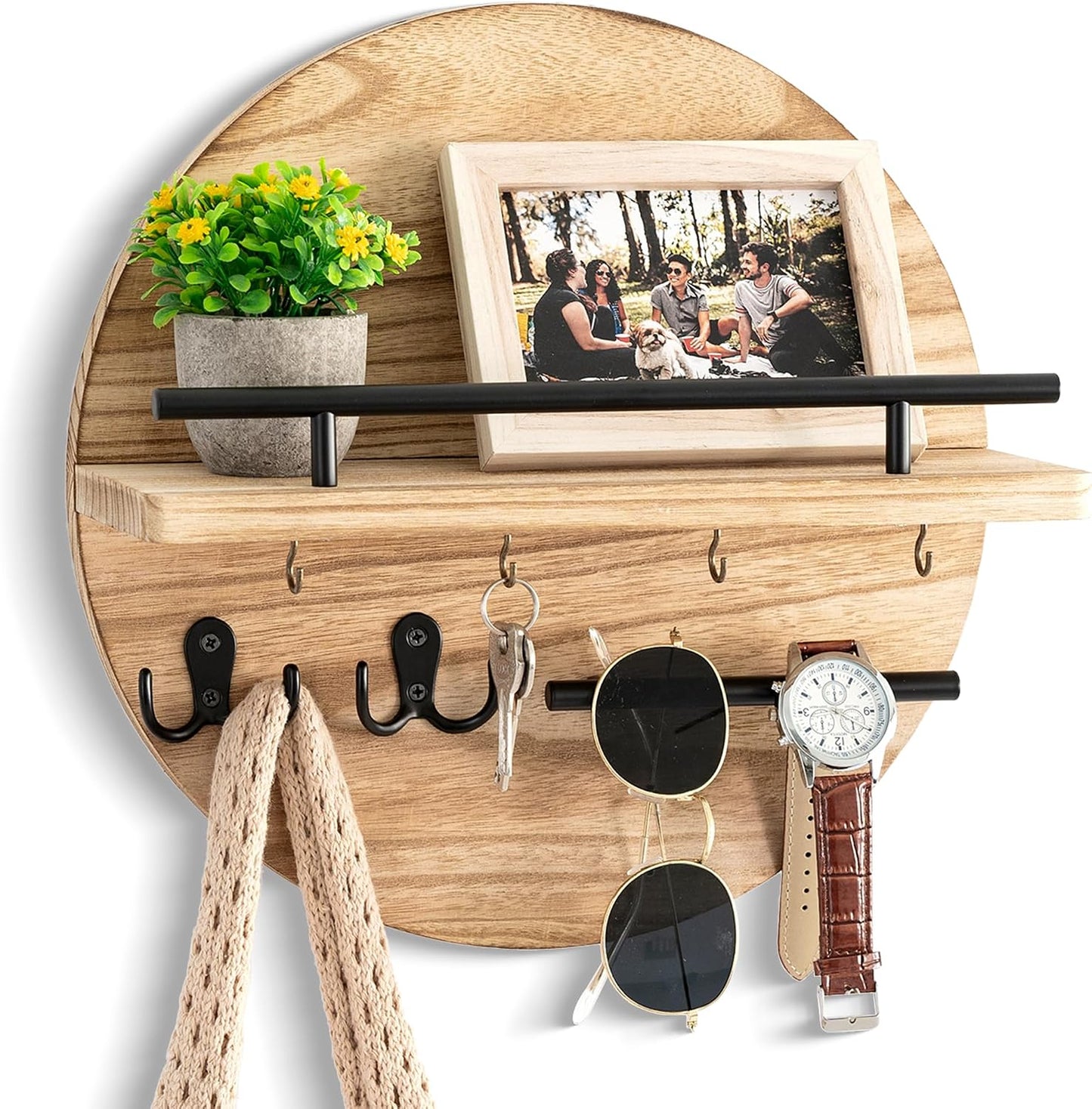 Key Holder for Wall Decorative with Shelf and Hooks, Mail Organizer Wall Mount with Sunglasses Holder, Circular Design Entryway Key Rack Hanger, Rustic Home Decor Boho Wall Decor (White)