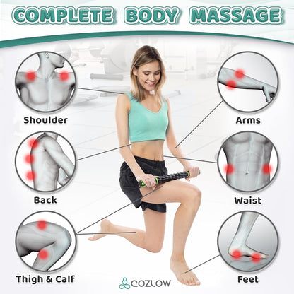 Muscle Roller Stick - Black Green - Hand Held Body Massager with 9 Rollers & Non-Slip Handles - Deep Tissue Massage & Maximum Muscle Recovery - Leg, Back, Arm, Thigh, Butt Sculpting Tool - by Cozlow