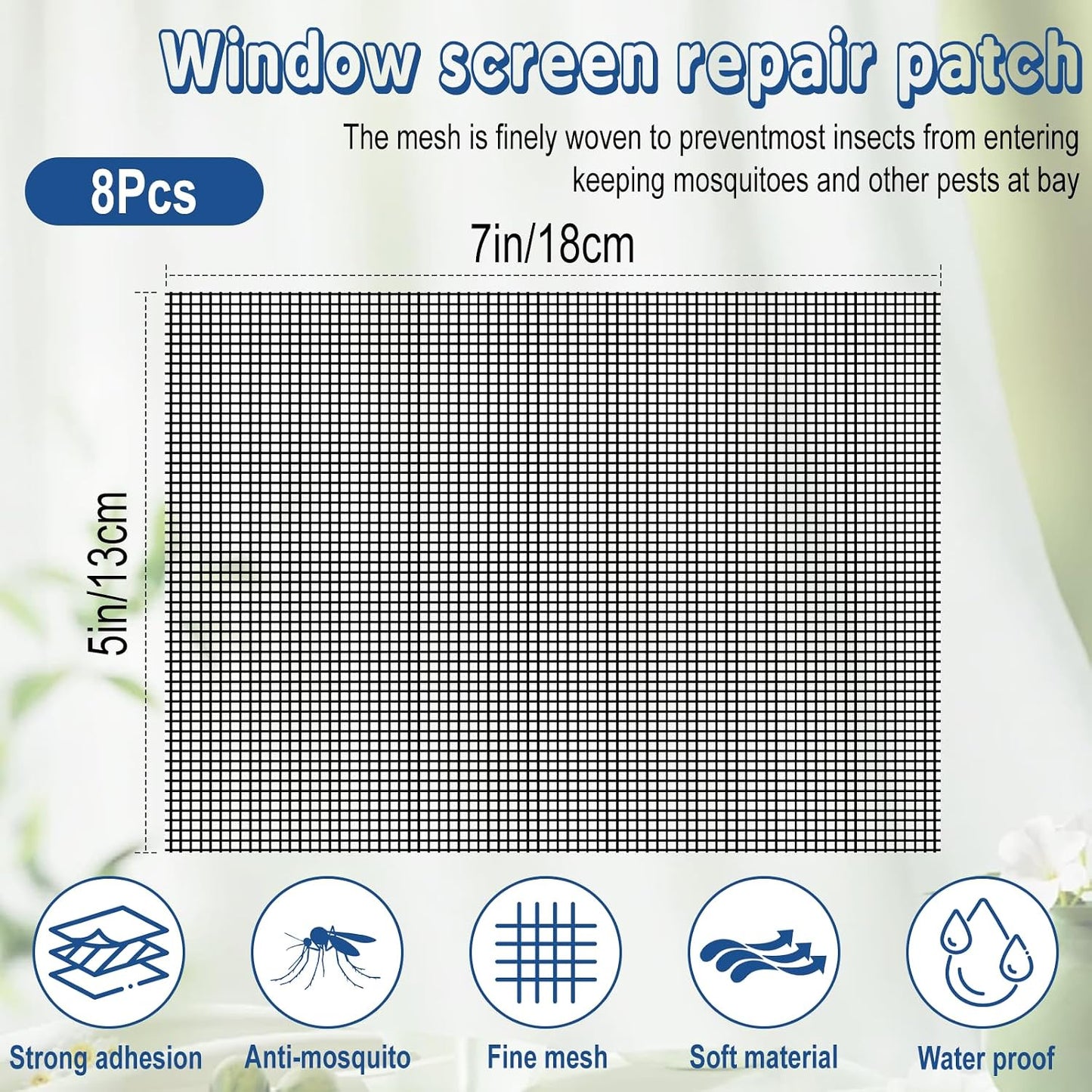 8 Pcs Fiberglass Screen Repair Patches 5"×7" Black Self Adhesive Mesh Tape | Fast Repair Tape for Window, Screen Door & Mosquito Net, Instant Patch to Fix Small Holes and Tears Easily