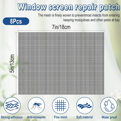8 Pcs Fiberglass Screen Repair Patches 5"×7" Black Self Adhesive Mesh Tape | Fast Repair Tape for Window, Screen Door & Mosquito Net, Instant Patch to Fix Small Holes and Tears Easily