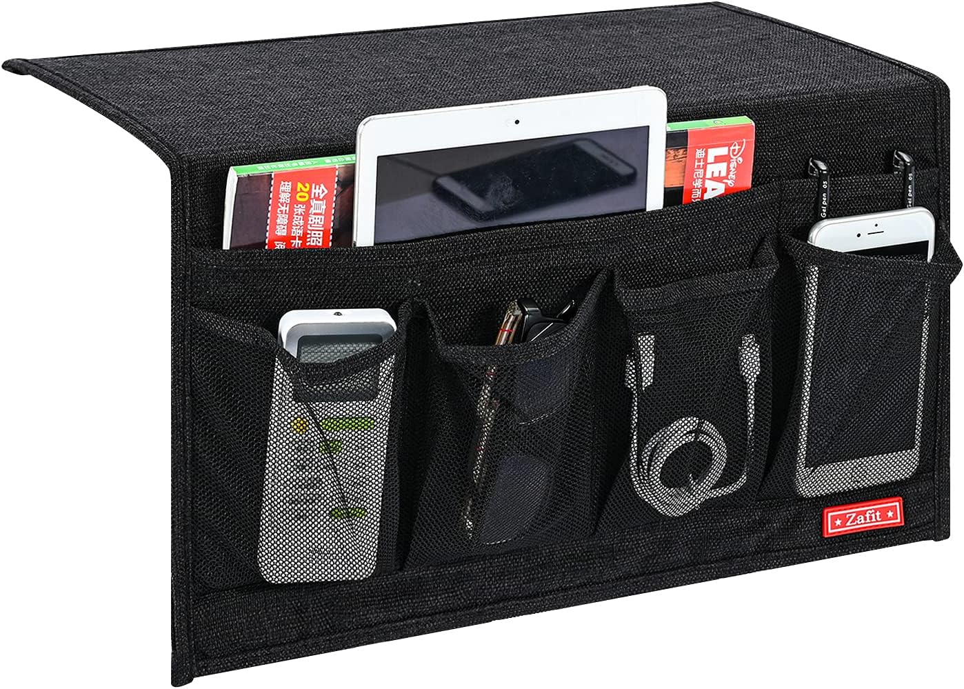 Zafit Linen 4 Pockets Bedside Caddy, Bedside Storage Organizer for Magazine, Remotes, Phone (Beige, Classic 4 Pockets)