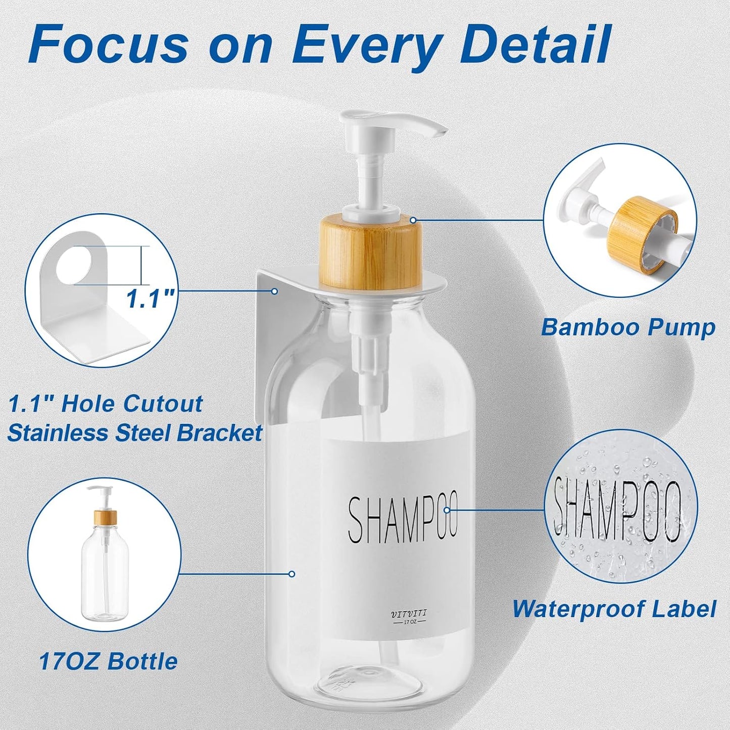 VITVITI Shampoo and Conditioner Dispenser 3 Chamber for Shower Wall, White | Refillable Body Wash Shower Soap Dispenser Wall Mounted, Drill Free 17oz Plastic Shower Bottles for Bathroom, Set of 3