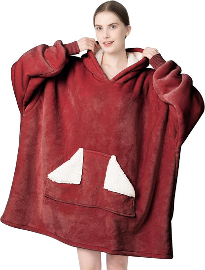 Wearable Blanket Hoodie, Oversized Sherpa Fleece Sweatshirt Blanket with Giant Hood Pocket and Sleeves for Adult, Warm & Cozy Grey Blanket Gifts for Women