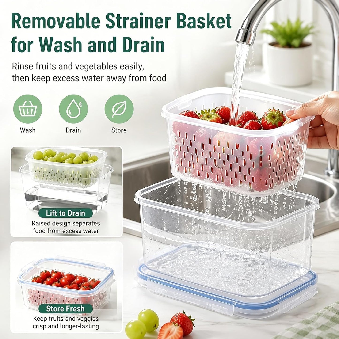 3 Pack Fruit Storage Containers for Fridge with Removable Colander and Lids | Fruit Containers for Fridge, Produce Containers for Fridge for Berry, Lettuce, Salad, Microwave and Dishwasher Safe