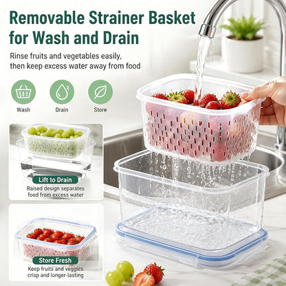 3 Pack Fruit Storage Containers for Fridge with Removable Colander and Lids | Fruit Containers for Fridge, Produce Containers for Fridge for Berry, Lettuce, Salad, Microwave and Dishwasher Safe