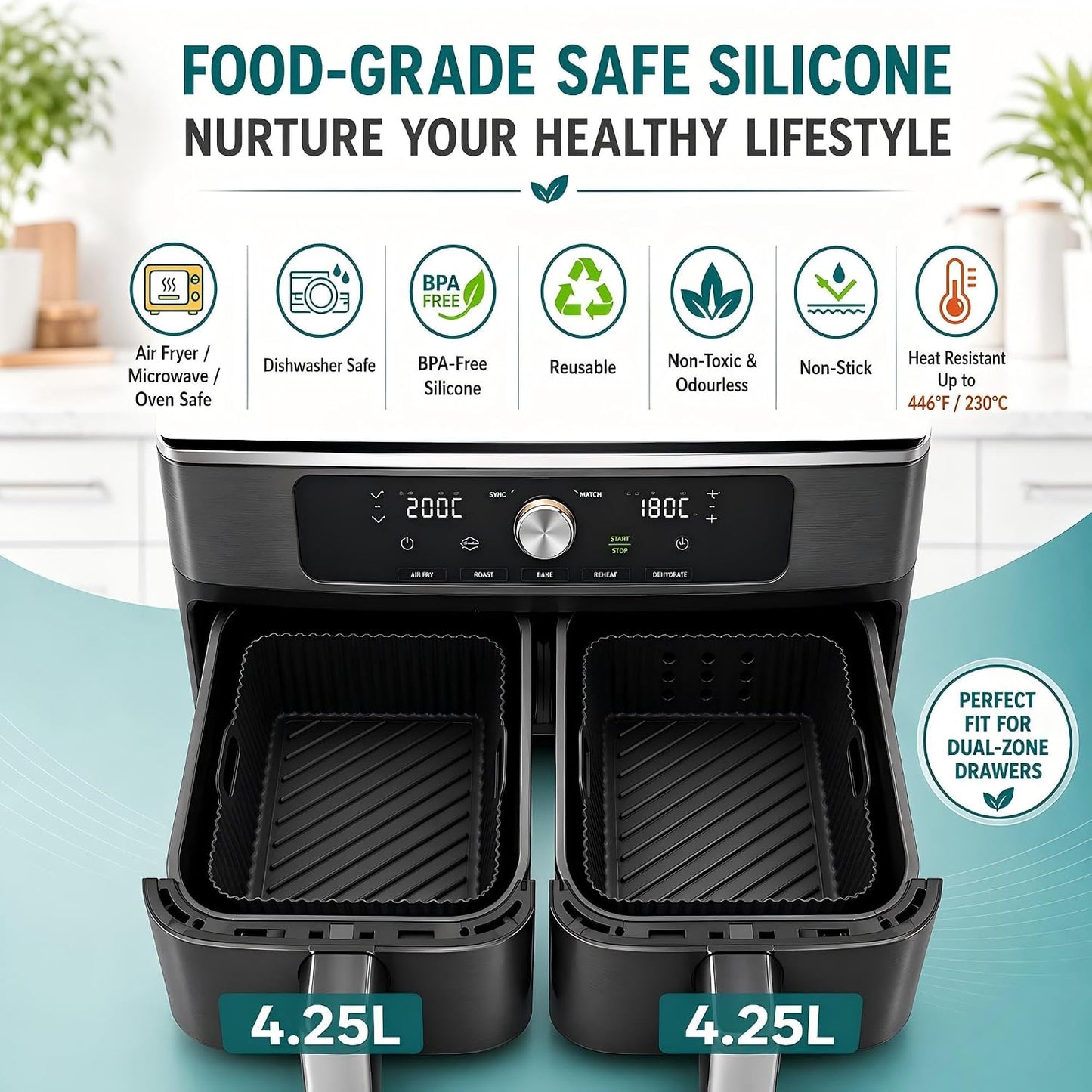 Szyeequoo Silicone Air Fryer Liners 2 Pack for Ninja Dual Zone, 1 Perforated and 1 Solid, Rectangle Reusable Liners for DZ201 DZ401 DZ550 DZ302, COSORI 9QT Instant Chefman Dual Basket Air Fryers