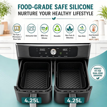 Szyeequoo Silicone Air Fryer Liners 2 Pack for Ninja Dual Zone, 1 Perforated and 1 Solid, Rectangle Reusable Liners for DZ201 DZ401 DZ550 DZ302, COSORI 9QT Instant Chefman Dual Basket Air Fryers