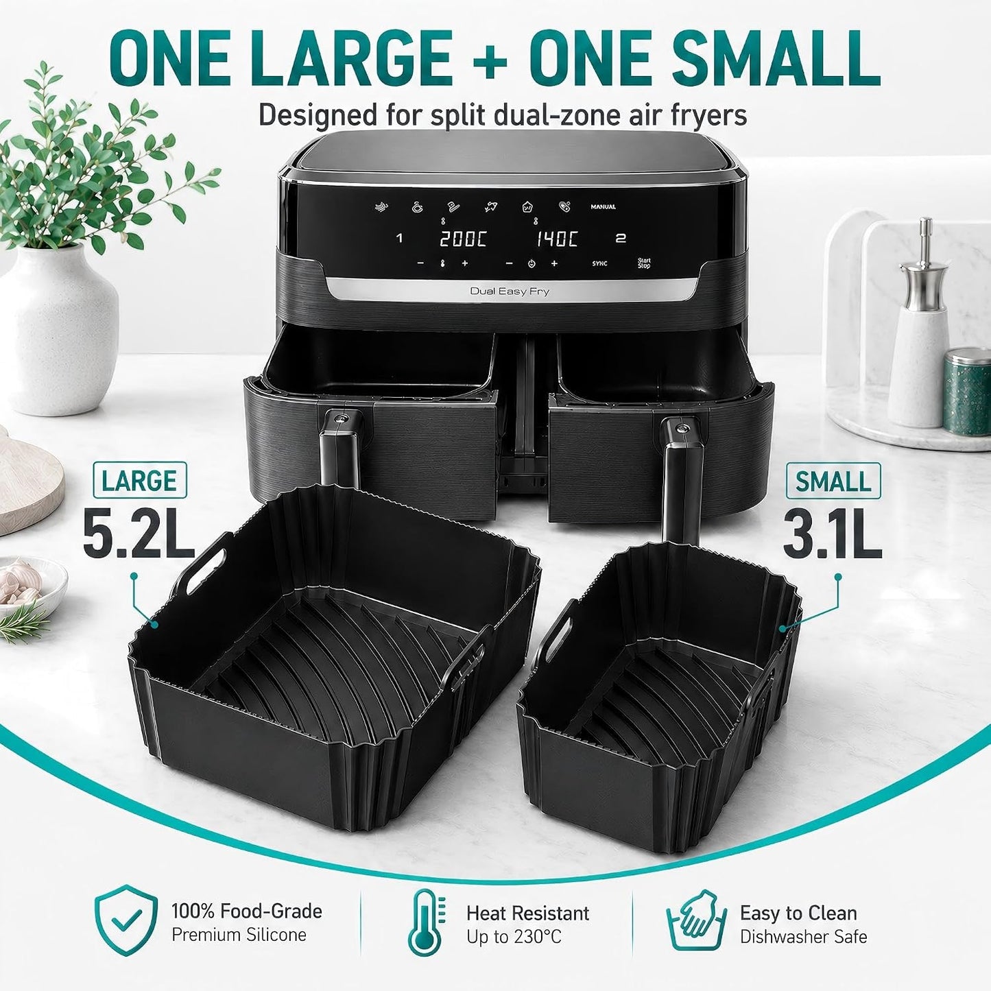 Szyeequoo Silicone Air Fryer Liners 2 Pack for Ninja Dual Zone, 1 Perforated and 1 Solid, Rectangle Reusable Liners for DZ201 DZ401 DZ550 DZ302, COSORI 9QT Instant Chefman Dual Basket Air Fryers