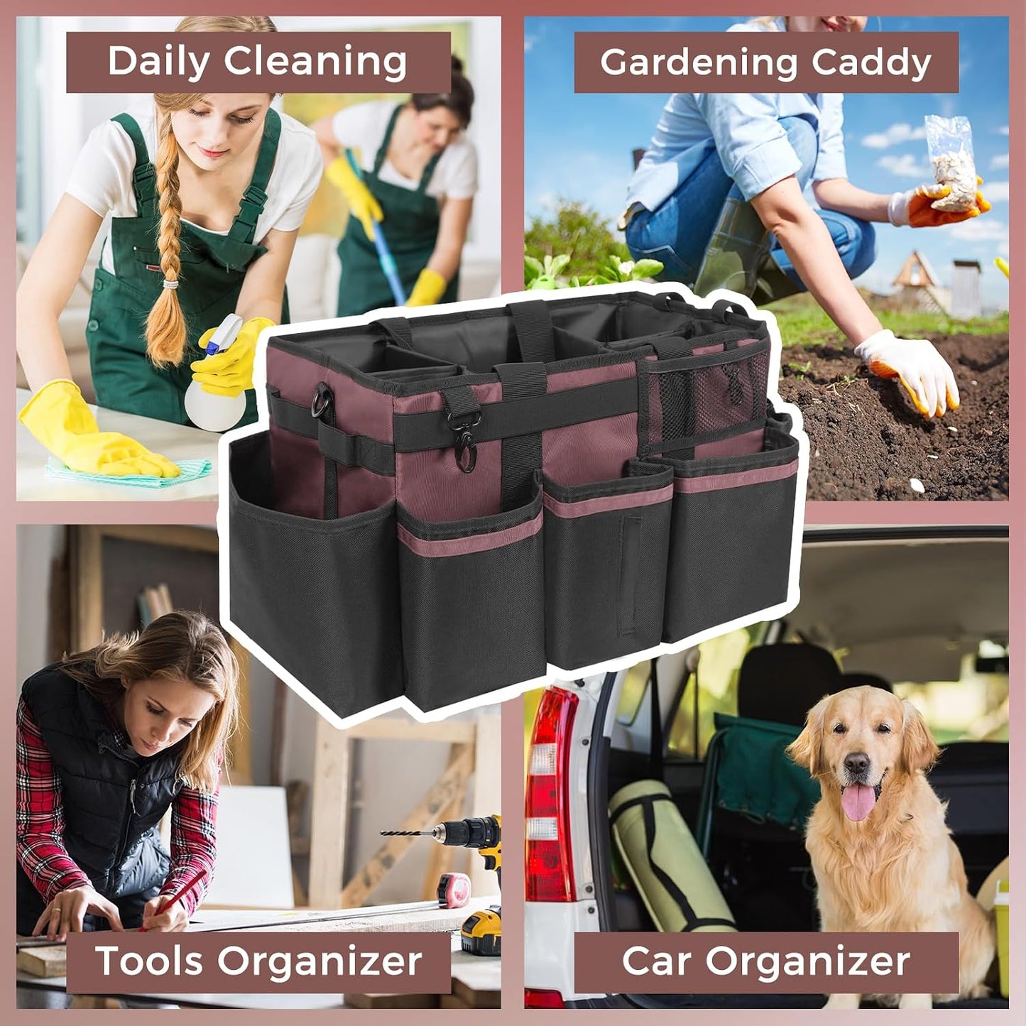 SCAVATA Wearable Cleaning Caddy, Cleaning Caddy Supplies Organizer with Handle & Shoulder Straps for Housekeepers, Under Sink & Car Cleaning Tool Organizers Bag with 4 Foldable Divider (NavyBlue)