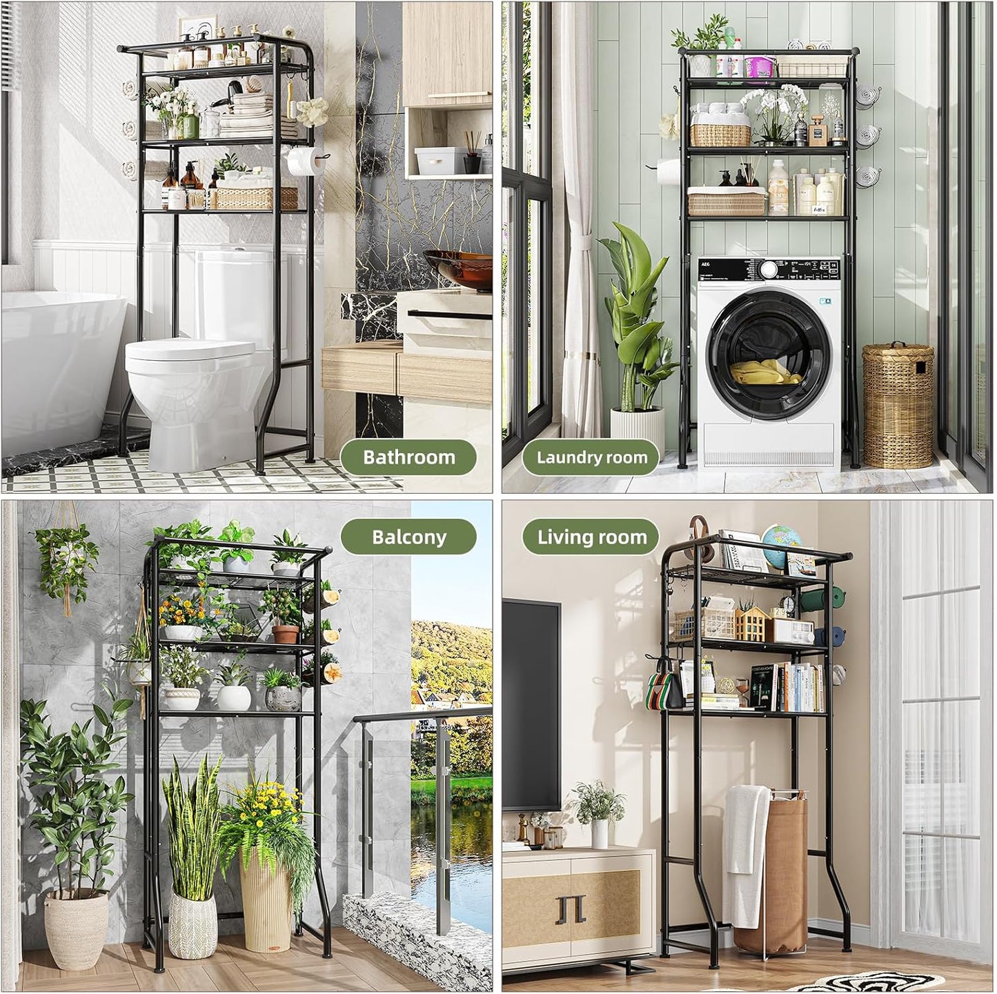 Simple Trending Over The Toilet Storage Cabinet, Metal Bathroom Shelf Organizer with Paper Holder and Hooks, 3 Tier, Black