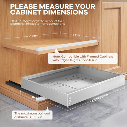 Seinloes 2Pack Expandable Pull Out Cabinet Organizer 21"Deep With Raising Pad for Framed Cabinets, Upgrade 3 Slide Rails Slide Out Drawers, Roll Out Shelves Adhesive,Adjustable Width 12.05"-20.4"White