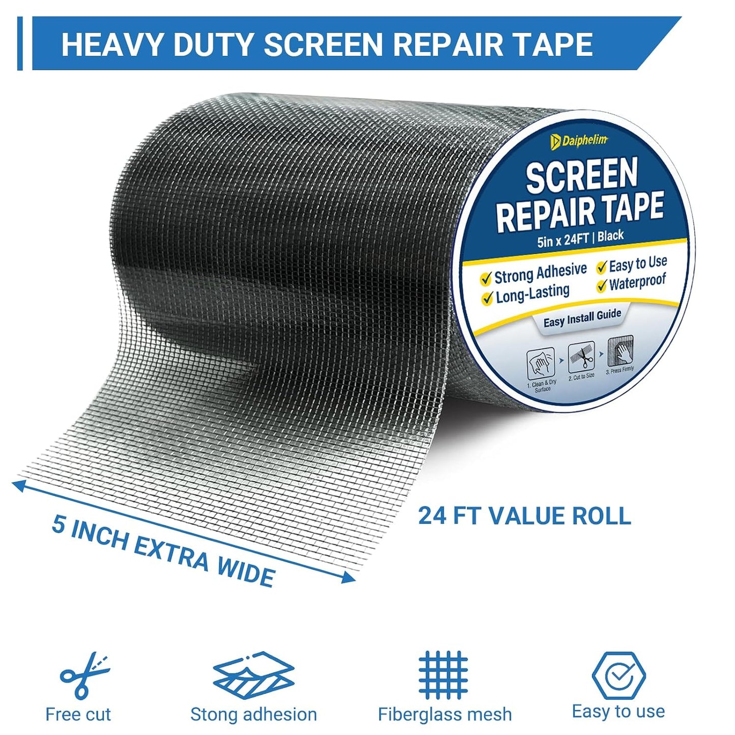 5in x 24FT Grey Window Screen Repair Tape - Extra Wide Fiberglass Mesh Screen Patch Kit for Large Tears & Holes - Heavy Duty Self-Adhesive Waterproof Fix for Windows, Doors, Patios & RVs