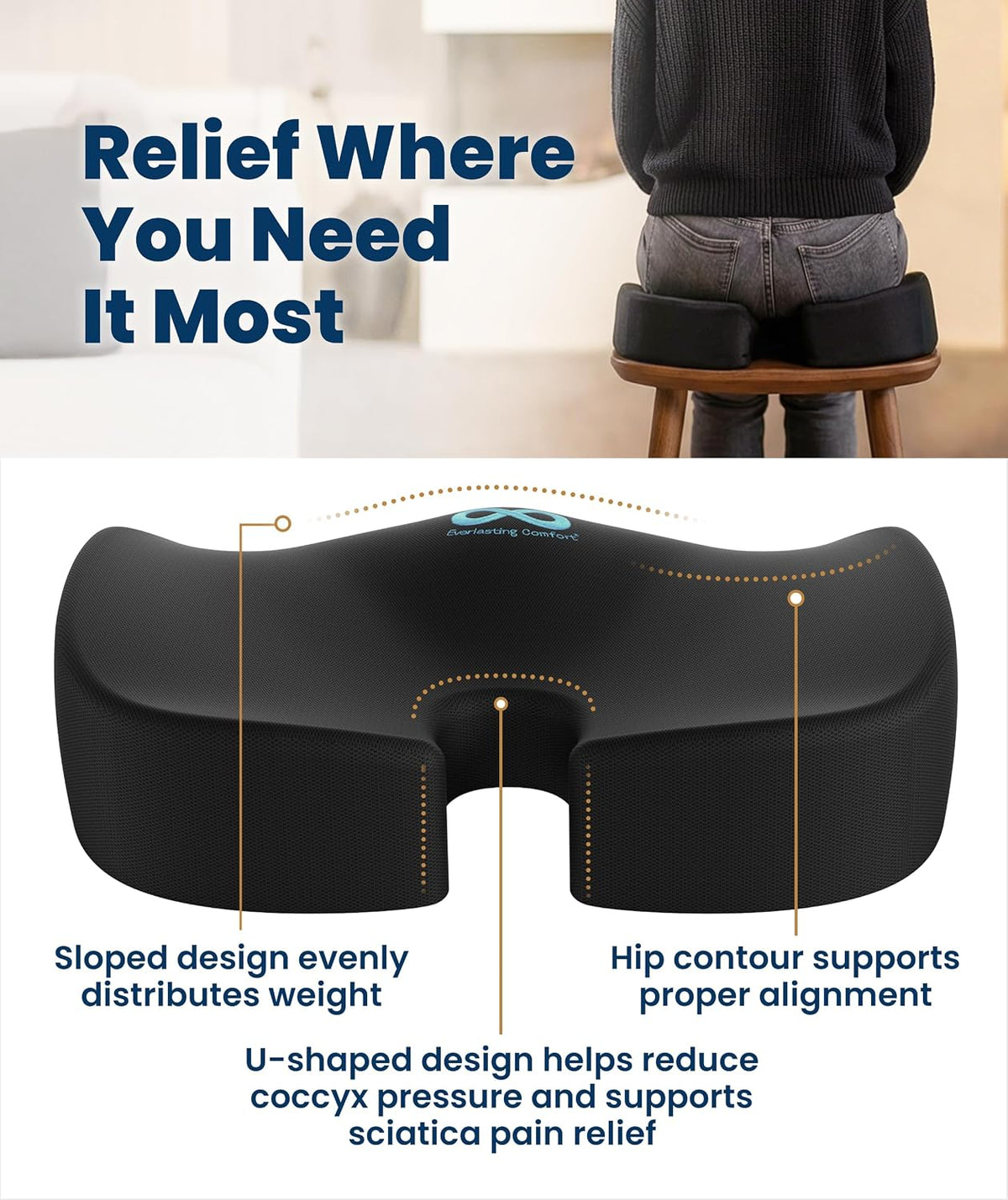 Everlasting Comfort Doctor Recommended Memory Foam Seat Cushion for Office Chairs & Car - Ergonomic Office Desk Accessories - Cushions for Tailbone Pain Relief, Sciatica (Black, Large)