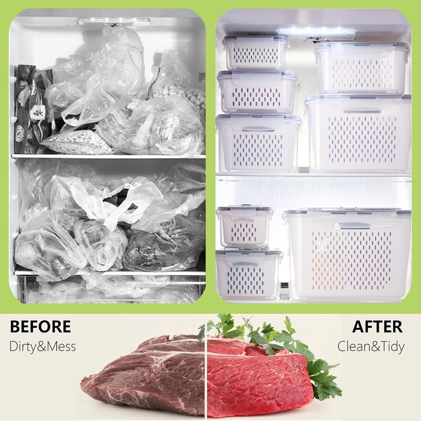 5 Pack Fruit Storage Containers for Fridge,Produce Container for Fridge with Removable Colanders,Leakproof Refrigerator Organizers and Storage for Produce Berry Vegetable Salad Meat Food Keep Fresh