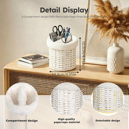 Glasses Holder, 2 Compartment Plush Lined Eyeglass Holder Paper Rope Eye-glasses Storage Organizer for Nightstand