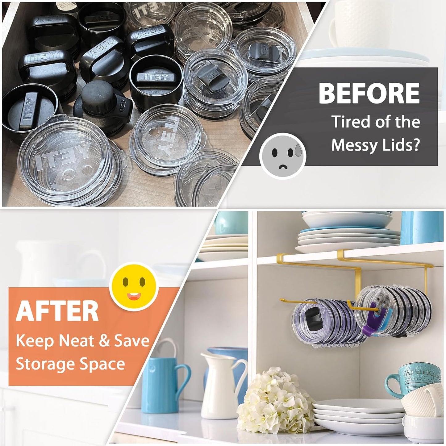 Tumbler Lid Organizer, Versatile Tumbler Lid Storage Holds 10 Lids, Black | Space Saving Cup Lid Organizers Inside Cabinet Tumbler Lid Hook for Kitchen Organizer and Storage, Paper Towel Rack Hanger