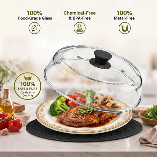 10" Glass Microwave Splatter Cover with Silicone Mat | 100% Metal-Free, Ceramic Screw, Heavy-Duty Borosilicate Glass, Anti-Scald Handle, BPA-Free, Dishwasher Safe