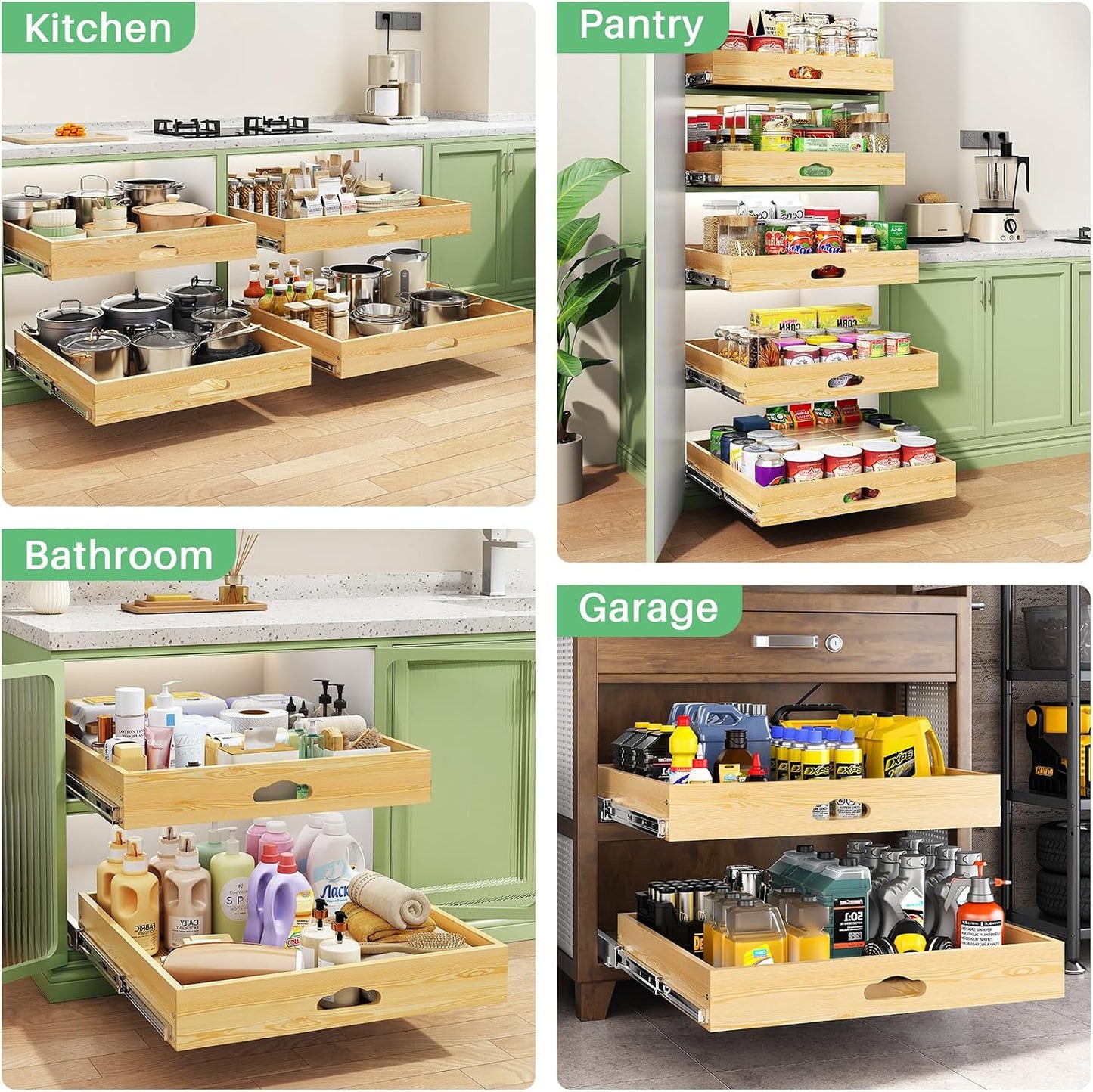Pull Out Cabinet Organizer, Soft Close Wooden Slide Out Drawers for Pots and Pans, Full-extension Roll Out Shelves for Kitchen Cabinets, Pantry Organization, Bottom & Side Mount(15"W X 21"D x 3.4''H)