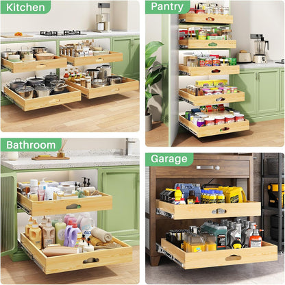 Pull Out Cabinet Organizer, Soft Close Wooden Slide Out Drawers for Pots and Pans, Full-extension Roll Out Shelves for Kitchen Cabinets, Pantry Organization, Bottom & Side Mount(15"W X 21"D x 3.4''H)
