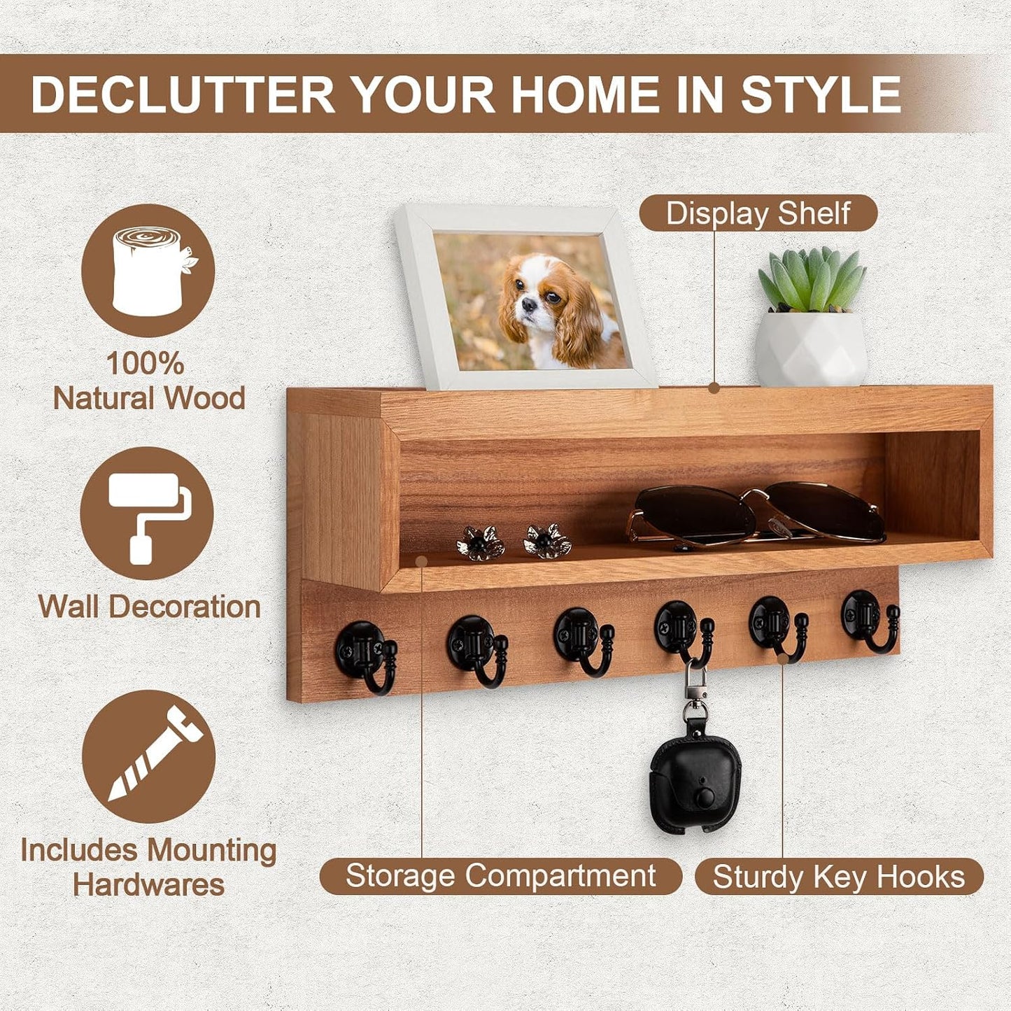 Key and Mail Holder Wall Mount with Long Storage Box and 6 Hooks | Key Holder For Coat, Dog Leash, Home Decor Rack, Entry Way Organizer