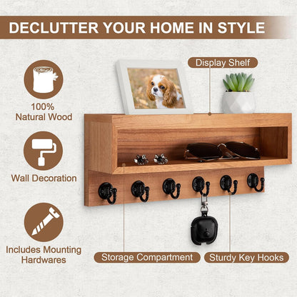 Key and Mail Holder Wall Mount with Long Storage Box and 6 Hooks | Key Holder For Coat, Dog Leash, Home Decor Rack, Entry Way Organizer