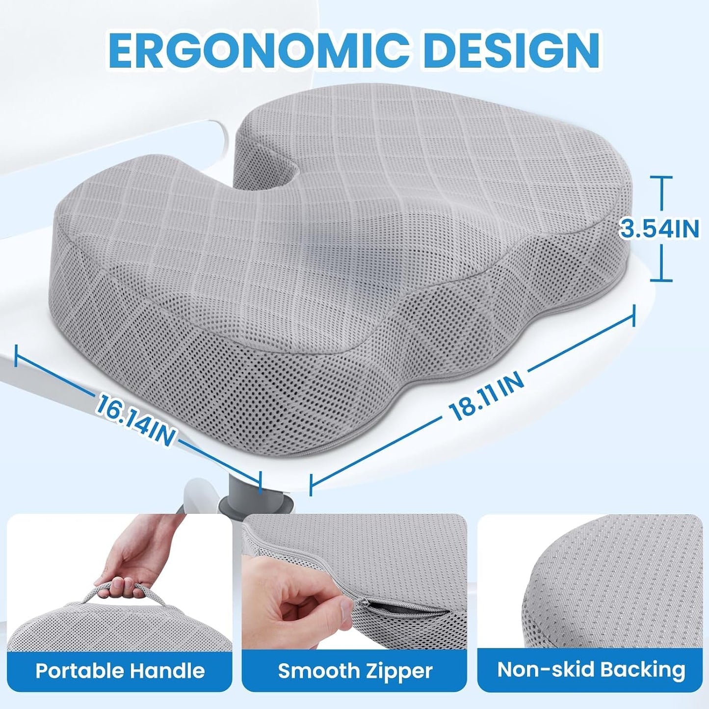 TushGuard Office/ Car Seat Cushion, Non-Slip Sciatica & Back Coccyx Tailbone Pain Relief Chair Pad, Memory Foam Butt Pillow for Computer Desk, Wheelchair, Driving (Black)