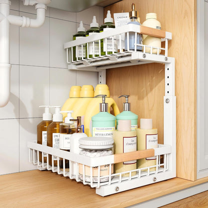 PXRACK Under Sink Organizer, Adjustable Height, 2 Tier Pull Out Under Cabinet Organizer, Slide Out Thickened Metal Under Sink Storage for Kitchen Bathroom Laundry Pantry Cabinet, White, Large-2-Pack