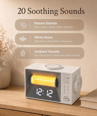 Sound Machine Alarm Clock with Wireless Charger for Bedroom, Hotel | Dual Alarm Clock with Snooze, White Noise Machine for Sleep with 20 Soothing Sound, Gentle Sunrise Wake Up Light, Night Light