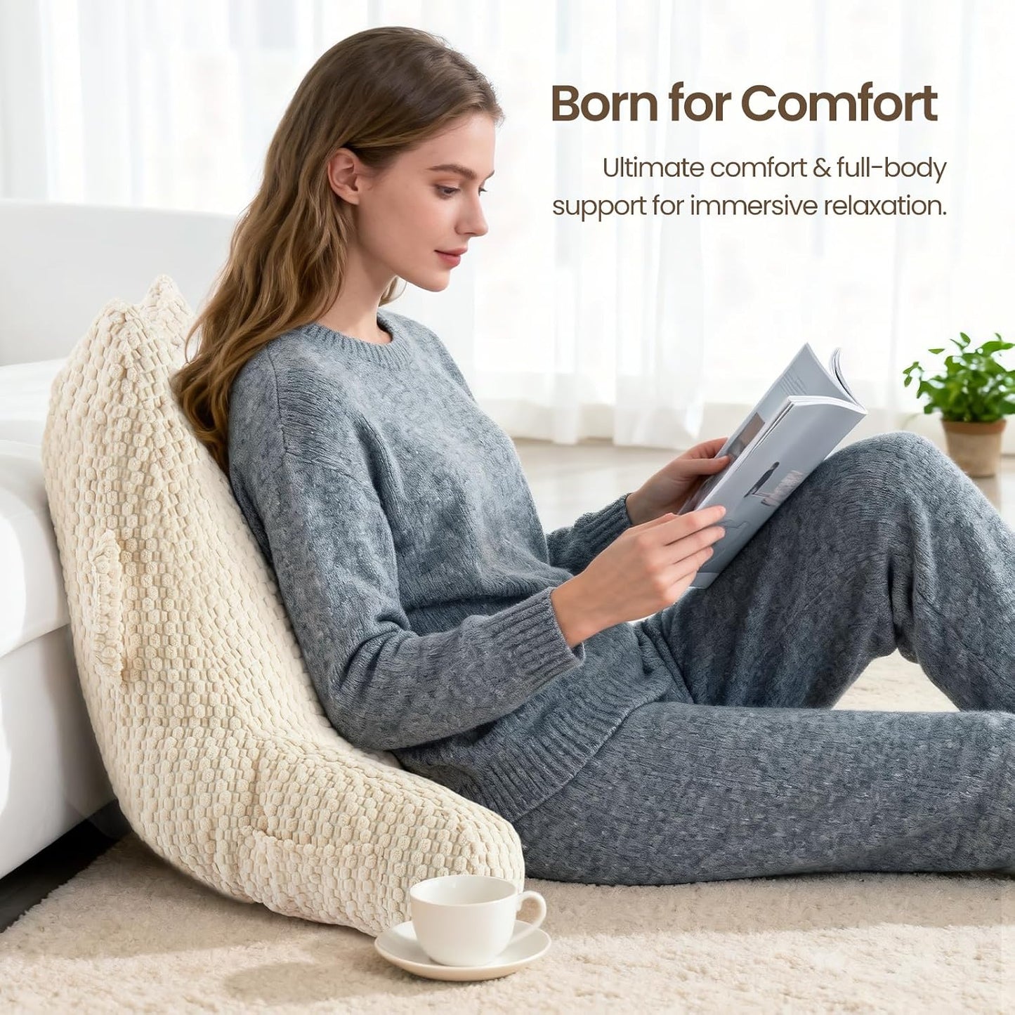 Standard Reading Pillow for Bed Sitting Up, Backrest Pillow with Shredded Memory Foam Filling, Back Support Cushion, Bed Rest Pillow with Arms, Pockets and Washable Cover-Grey