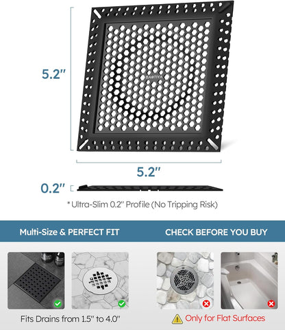 Square Shower Drain Hair Catcher, Anti-Clogging, Gray, 4 inch | Fast Drainage, Anti-Slip & Stays in Place, Stainless Steel & TPE Material, Easy Clean Fits Bathroom Hair Catcher for Shower