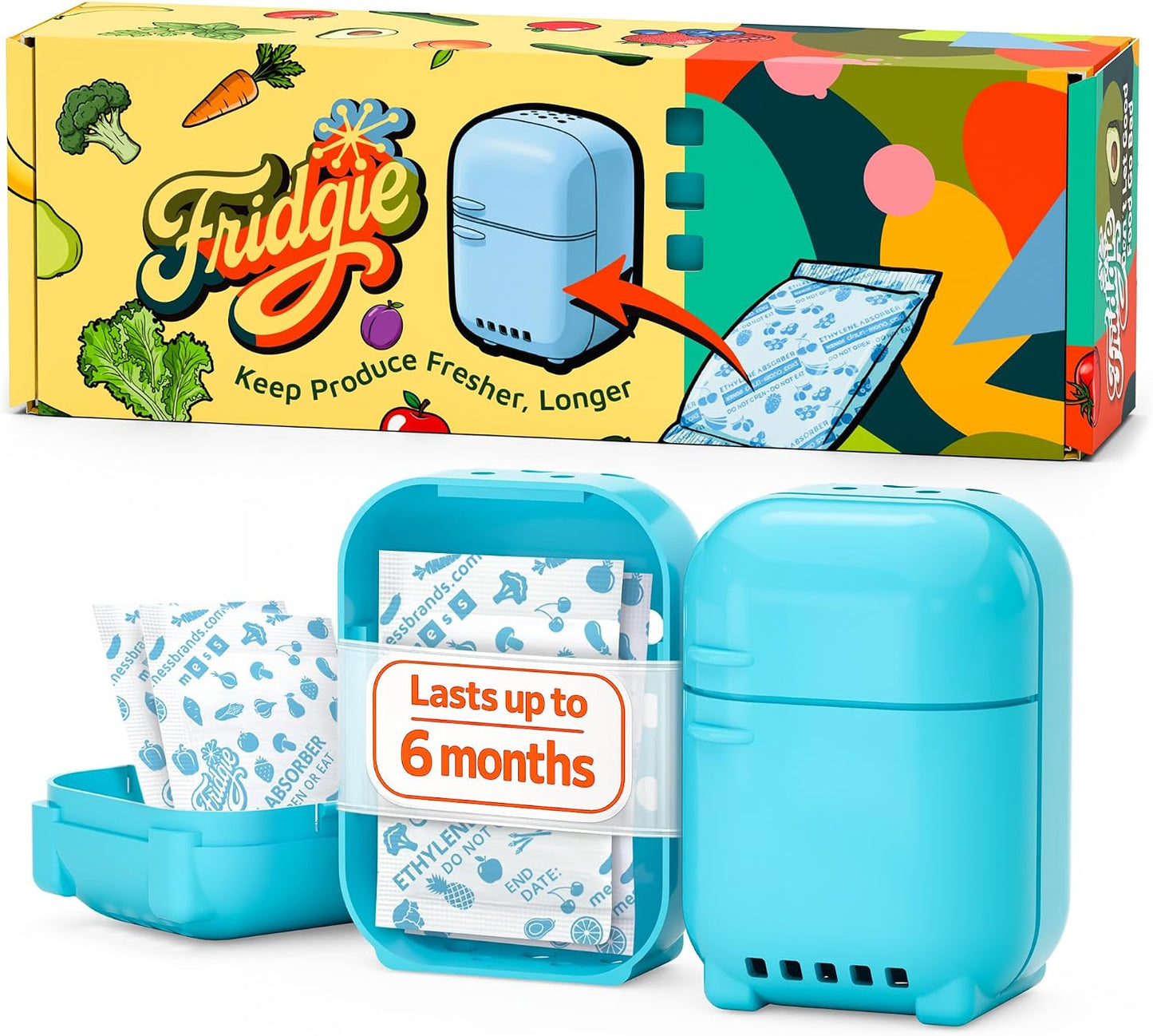 Fridgie Produce Saver, Ethylene Gas Absorber, Fridge Lettuce Keeper - Blue | 4 refill packets, lasts up to 1 year, slows ripening, reduces food waste, crisper drawer, protects berries, herbs, greens