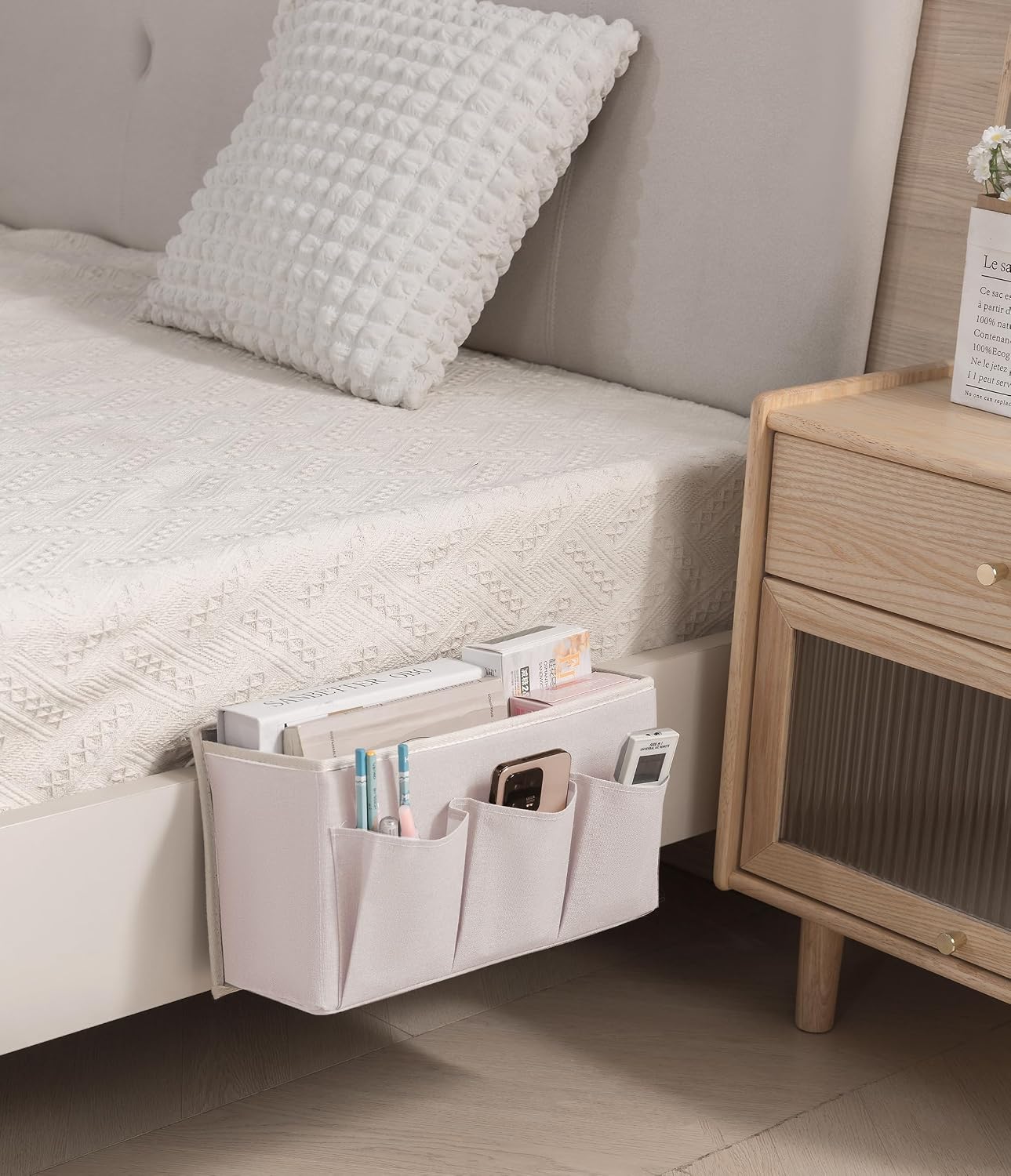 Bedside Caddy/Bedside Storage Organizer Hanging Bag with Three Options,Suitable for home beds, sofas, and dormitory beds—can hold magazines, books, phones, iPads, remote controls. (Gray)