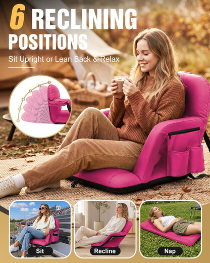HOPERAN 25in Heated Stadium Seats for Bleachers, 4.3" Extra Thick, Pink | Super Soft Sofa-Style, Independent Seat&Back 3 Level Heat (NO Battery), 6 Recliner, Anti-Slip, Side Pockets, Backpack Straps