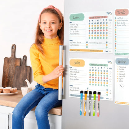 Oyster&Pop Black Chore Charts for Multiple Kids - 3 Pack Magnetic Dry Erase | Build responsibility, independence and routines - give kids and teens their own black magnetic board and weekly rewards