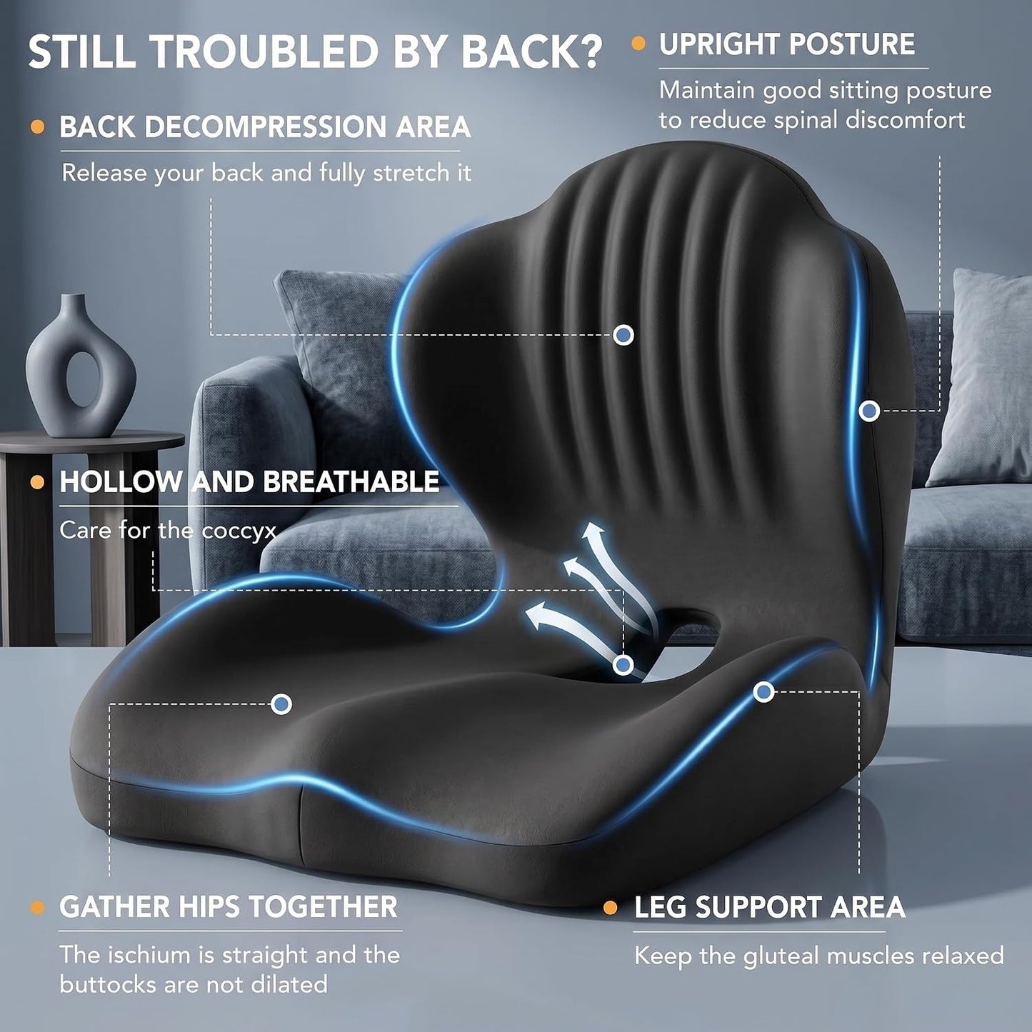 Ergonomic Seat Cushion with Lumbar Support (Black) | Office Chair Seat Cushion, Memory Foam Orthopedic Cushion with Tailbone Hollow, Sciatica & Back Pain Relief for Long Sitting
