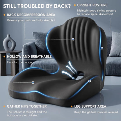 Ergonomic Seat Cushion with Lumbar Support (Black) | Office Chair Seat Cushion, Memory Foam Orthopedic Cushion with Tailbone Hollow, Sciatica & Back Pain Relief for Long Sitting