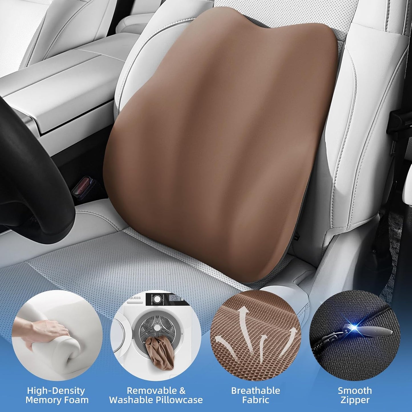 BEBAS Ergonomic Lumbar Support Pillow for Car, Memory Foam Car Back Cushion | Comfort Lumbar Pillow for Back Pain Relief, Breathable Washable Cover, Fits for Driving, Office, Wheelchair, Black