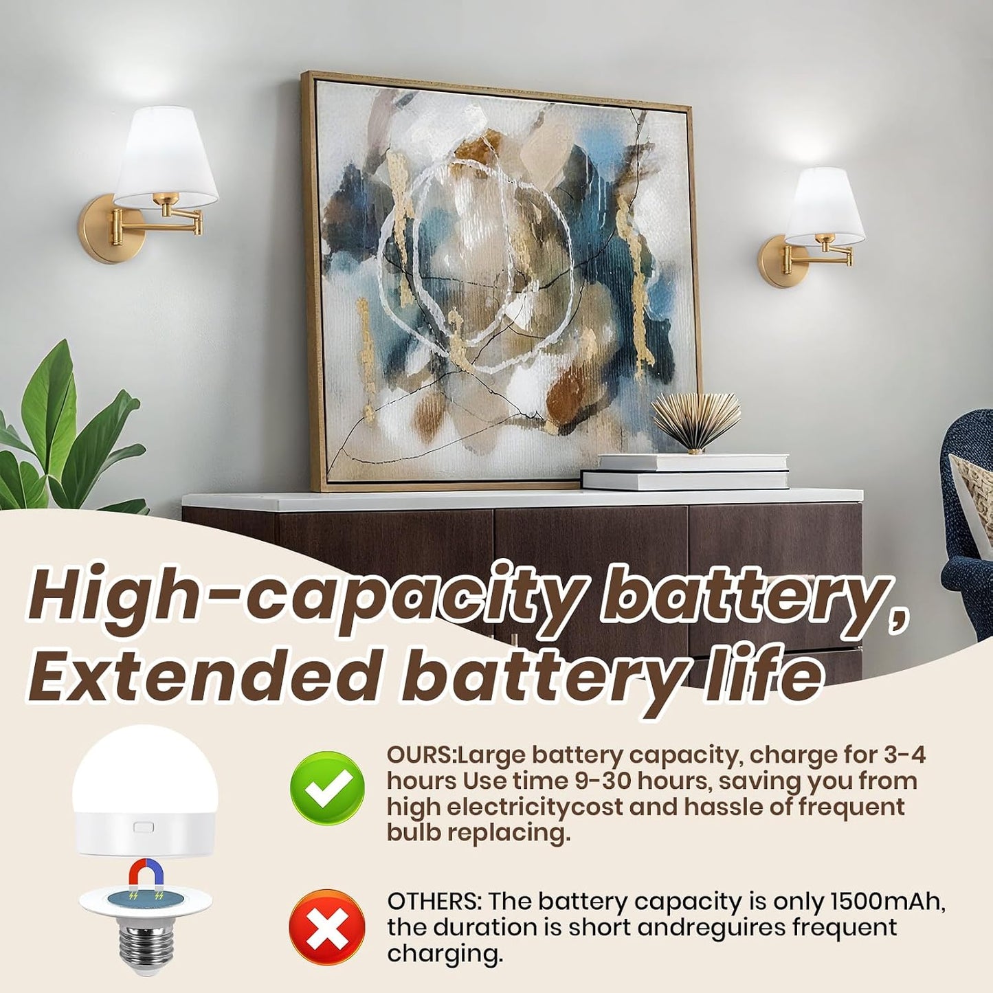 Cordless Battery Operated Wall Sconces Set of 2, Black Swing Arm Wall Sconce, Rechargeable Wall Mounted Reading Light Bedside Wall Lamp, Wireless Wall Sconce Fixtures for Bedside, Hallway, Study