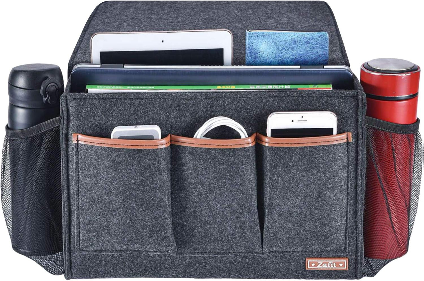 Zafit Bedside Caddy, Large Size Bedside Storage Organizer Bedside Organizer Caddy for Magazine Remotes Phone (13.4'' x 18.1'' Plus Size, Dark Grey)