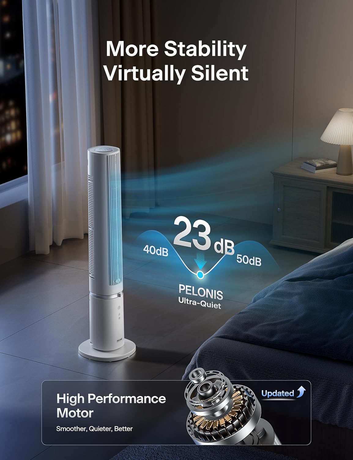 PELONIS 40-Inch Oscillating Tower Fan with Remote for Bedroom, White | Standing Cooling Fan, Washable Design, 2000 CFM, 28ft/s Airflow, 4 Speed, 2 Modes, 90° Oscillation, 23dB Quiet, 7-Hr Timer