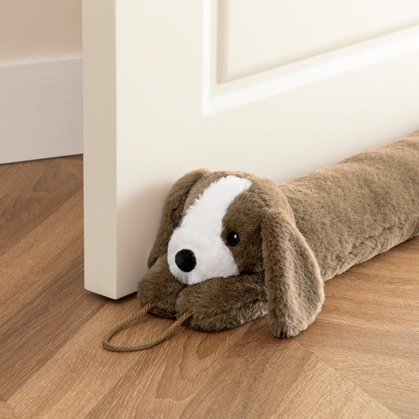 habibee Door Draft Stopper, Weighted Noise Blocker 38 in Coffee Dog | Robust Herringbone Fabric, Weighted Sandbags, Bouncy Cotton Filling, Blocks Light & Dust, Tool-free Setup, Animal Home Decor