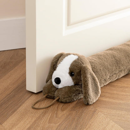 habibee Door Draft Stopper, Weighted Noise Blocker 38 in Coffee Dog | Robust Herringbone Fabric, Weighted Sandbags, Bouncy Cotton Filling, Blocks Light & Dust, Tool-free Setup, Animal Home Decor