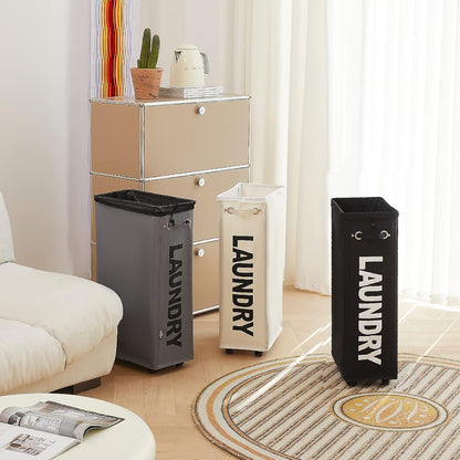 DOKEHOM 25" Slim Rolling Laundry Basket Hamper, Narrow on Wheels, Grey | Collapsible narrow laundry hamper with mesh drawstring closure. Foldable corner clothes storage bin for small spaces