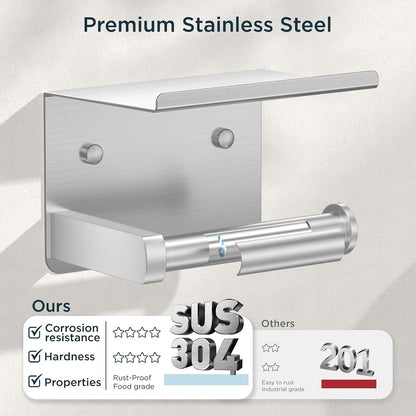 FORIOUS Toilet Paper Holder with Shelf, Adhesive or Screw, Commercial | Brushed Nickel | Wall Mount Bathroom Tissue Holder | SUS304 Stainless Steel Rustproof | Bathroom Tissue Roll Holder