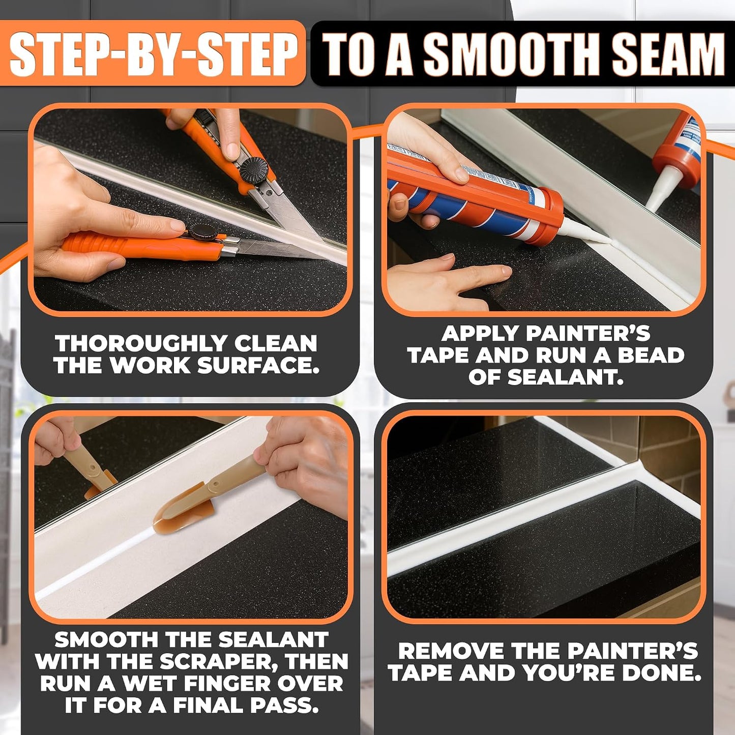 4-Piece Caulking Tool Kit for Silicone Sealant, Grout and Sink Edges | Caulk Tool Set; Sizes 0.78"-1.73"; Urethane Rubber Tips with ABS Handle; Reusable; for Bathroom, Kitchen, Tile & Window
